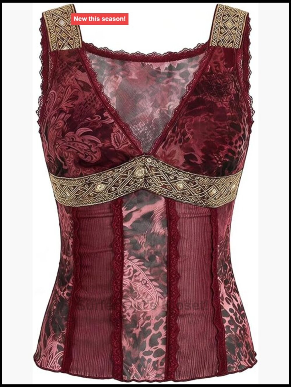 Leopard Print Sheer Mesh Tank Top Lace Trim Sleeveless V-Neck Clubwear